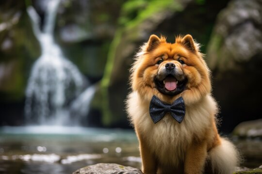 Medium shot portrait photography of a happy chow chow dog licking lips wearing a cute bow tie against a backdrop of a spectacular waterfall. With generative AI technology