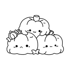 A vector of a cute kawaii pumpkins in black and white coloring,coloring page halloween.