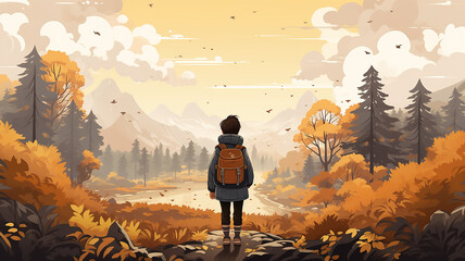 a child with a backpack on an autumn hike, watercolor drawing picture illustration back to school
