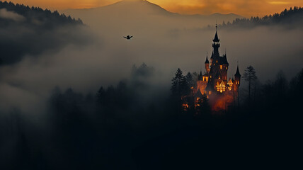 Fototapeta premium misty landscape in autumn mountains lighting, medieval princess castle glows in the night landscape among the clouds