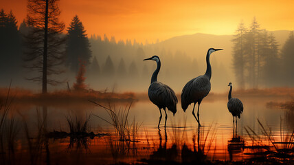 silhouettes of cranes in autumn fog, wildlife landscape sunrise © kichigin19