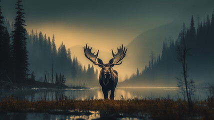 silhouette of a moose with big horns in autumn fog, wildlife landscape