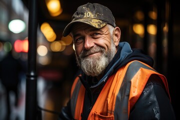 Portrait of a smiling street cleaner, bearded adult man looks at the camera