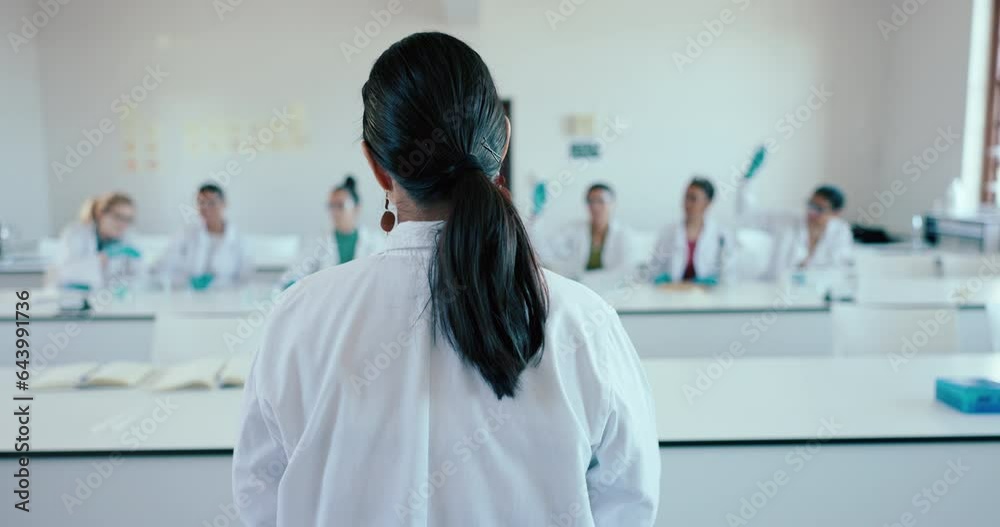 Poster lab, professor and students with science, university and learning with chemistry, questions and rese