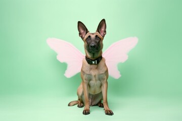 Medium shot portrait photography of a cute belgian malinois dog scratching furniture wearing a fairy wings against a pastel green background. With generative AI technology