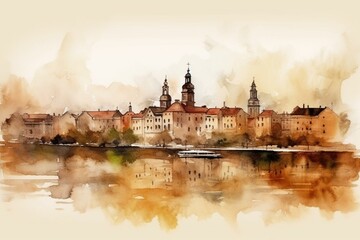 Painting of Rzeszow's skyline in watercolor. Generative AI