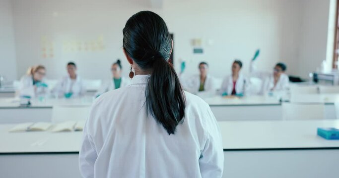 Lab, professor and students with science, university and learning with chemistry, questions and research. Teacher, academic and group with education, lesson and analytics with knowledge and biotech