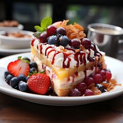 A slice of pure delight: cake layered with cream, a medley of red berries, a peach slice, assorted nuts, and a mint leaf. Irresistibly crowned with a drizzle of red sauce