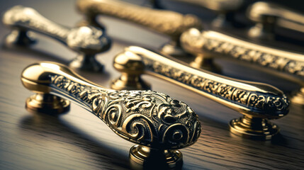 Classic vintage door handles on wooden surface, generative AI. - obrazy, fototapety, plakaty