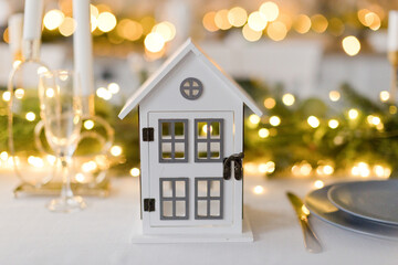 White wooden toy house at Christmas