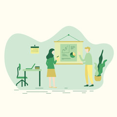 Modern vector illustration. Flat illustration concept of business meeting, teamwork, training, improving professional skill.Employee presenting and discussing with female supervisor using data analyze