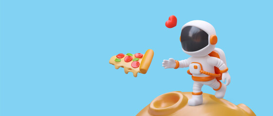 Fototapeta premium Astronaut catches slice of pizza in outer space. Advertisement of pizzeria. Italian cuisine. Concept with illustration in cartoon style. Banner on blue background