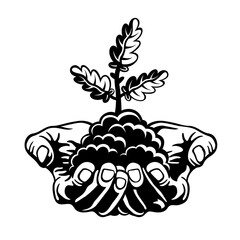 Pair of hands holding oak plant and soil. Caring for nature, concept vector illustration