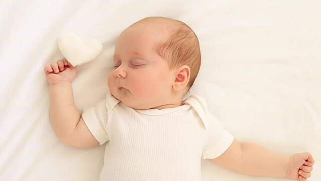 cute newborn baby girl sleeping sweetly with a heart in her hands on a white cotton bed at home