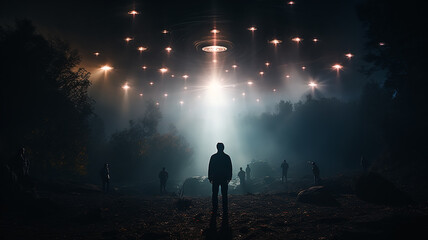 silhouette of a man in the night fog against the background of a landing UFO, kidnapping - obrazy, fototapety, plakaty