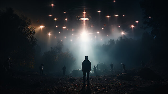 silhouette of a man in the night fog against the background of a landing UFO, kidnapping