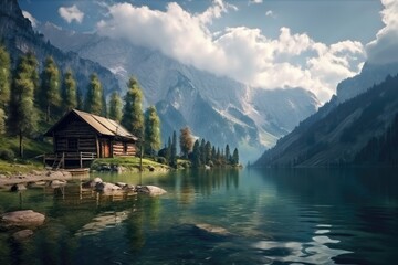 Obraz premium Idyllic Wooden Cabin on a Lake Amidst Mountains - Italian Landscape Style - Generative AI
