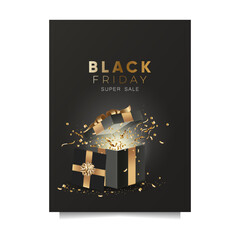 Black friday sale banner with black gift boxes and confetti flying out of a gift box. Business banner, greeting card