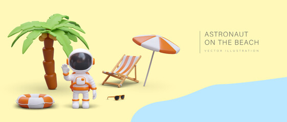 Astronaut on beach. Organization of long trips. Concept for travel agency. Rest by sea. Vacation by ocean. Summer party. Space discounts. Color vector concept