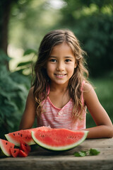 child eating watermelon smiling in a park