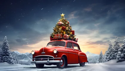 Foto op Canvas Red car carrying a Christmas tree on the roof in a snowy. Generative AI   © santima.studio (02)