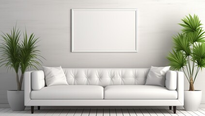 Modern interior with white sofa, plants and blank poster.