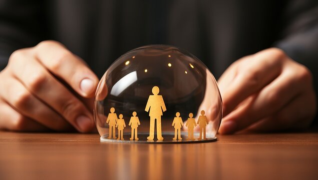 Insurance agent protecting family in crystal ball on table, closeup