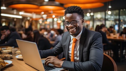Cheerful african american businessman working on laptop at cafe