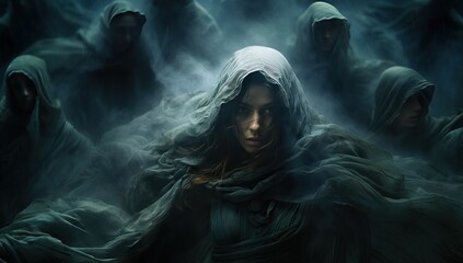 Portrait of a beautiful woman in a dark cloak with a hood - obrazy, fototapety, plakaty