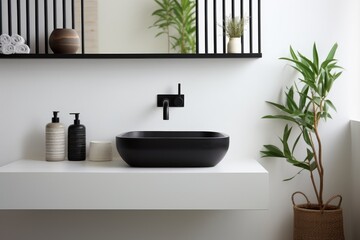 Fototapeta premium Sink in bathroom black and white interior design. Generative AI