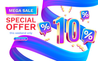 Mega sale special offer, 10 off sale banner. Sign board promotion. Vector illustration