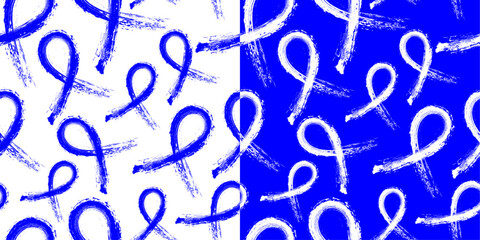 Fototapeta premium Calligraphic and brush stroke Blue Awareness Ribbon Seamless and repeatable pattern on white and Blue backgrounds. Scalable Vector Illustration.
