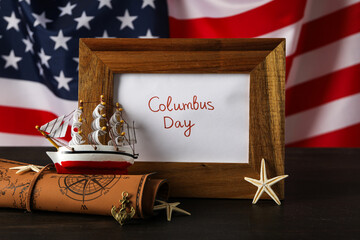 Columbus Day. Wooden frame with the inscription 