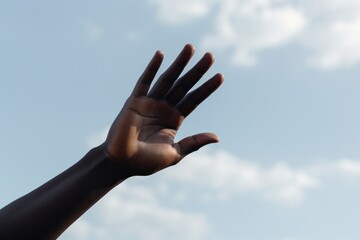 Black African male hand in the air, black man hand raised to the sky