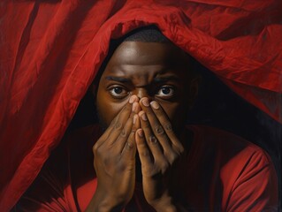 Young black Man with red Scarf Covering mouth - obrazy, fototapety, plakaty