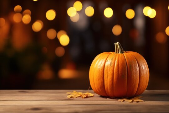 Pumpkins On The Table Against Bokeh Light Background