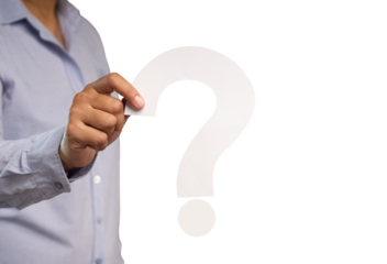 Hand holding a white question mark symbol against a transparent background.