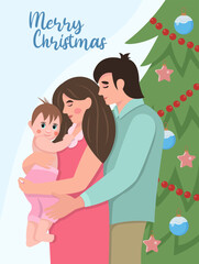 Holiday concept. Beautiful woman with a baby in her arms. The husband hugs his wife and child on the background of the Christmas tree. Cozy winter vector illustration in flat style. Newborn.