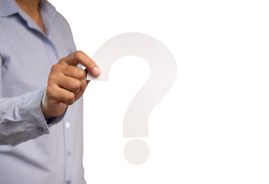 Hand holding a white question mark symbol against a transparent background.