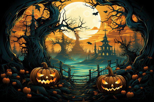 gruseliges Happy Halloween Titelbild mit leuchtenden K&uuml;rbissen, Wald und Anwesen bei Nacht. Querformat. Generative Ai.