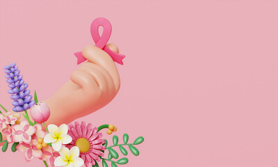 Cartoon hands holding 3d pink ribbon for symbolic of encourage breast cancer awareness. 3d render illustration.