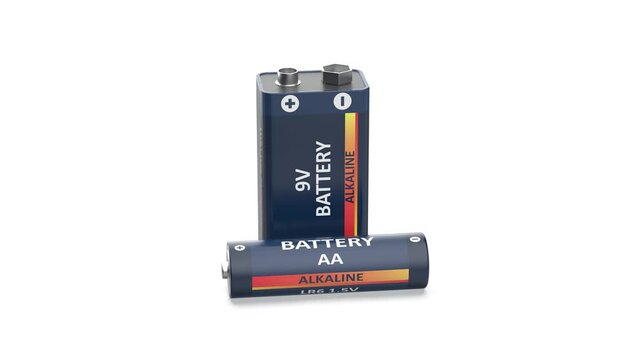 9V and AA size batteries on white background