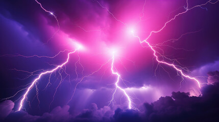 Electric pink lightning bolts radiating from the center of a stormy sky