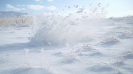 Powdery snow drifting across barren ground with wind blowing