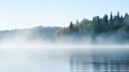 An intimate closeup of a dense fog bank blanketing a serene lake.