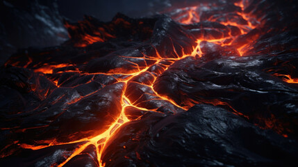 Intricate detail of sparking orangered s of magma snaking through the rocky landscape.