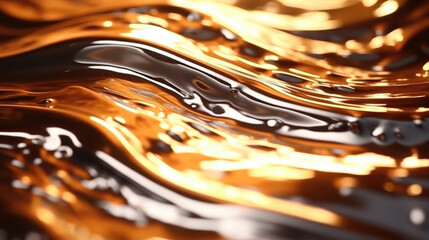 A closeup of a shimmering rivulet of liquid metal streaming down a slightly curved surface.