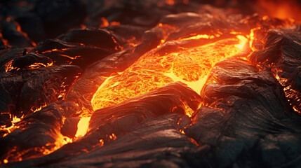 A macro view of diverse volcanic tephra radiating heat from within its depths.