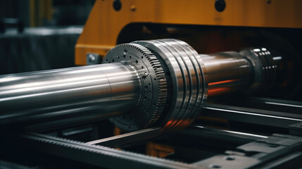A close up of a large metal roller used for forming and shaping metal extrusions.