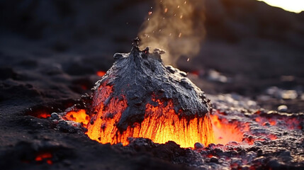Melted rock dripping down an ash covered volcanic cone